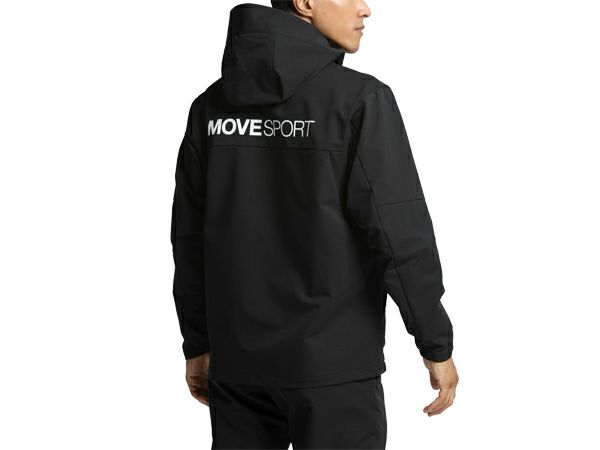 デサントDESCENTEHEATNAVIヒートナビソフトシェルバックロゴフルジップフーディーメンズ秋冬ブラック黒スポーツトレーニングパーカージャケットDMMWJF13-BK