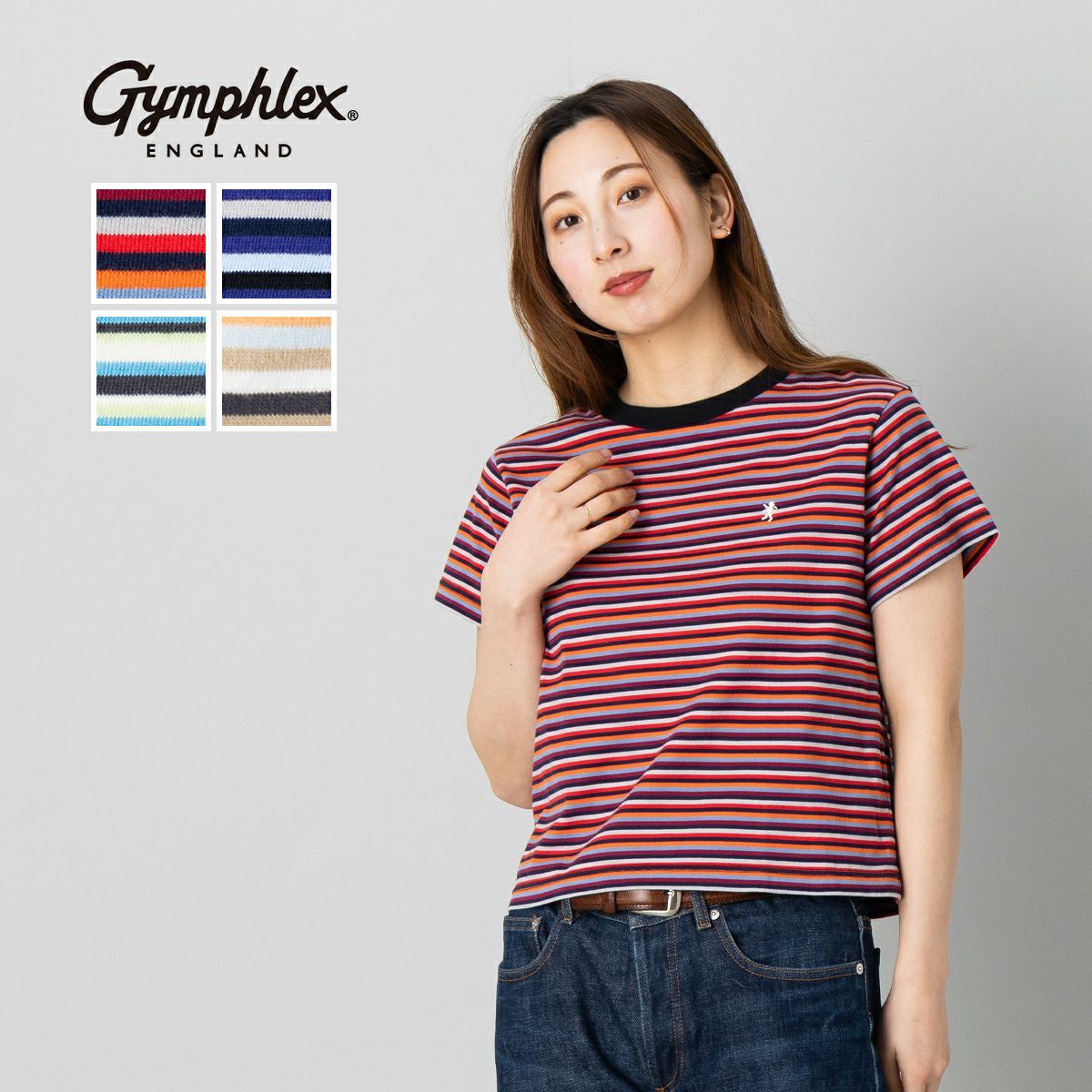 レディース 半袖Tシャツ★キルシ★スリムフィット CROP ジムフレックス GYMPHLEX マルチボーダー クルーネック半袖T