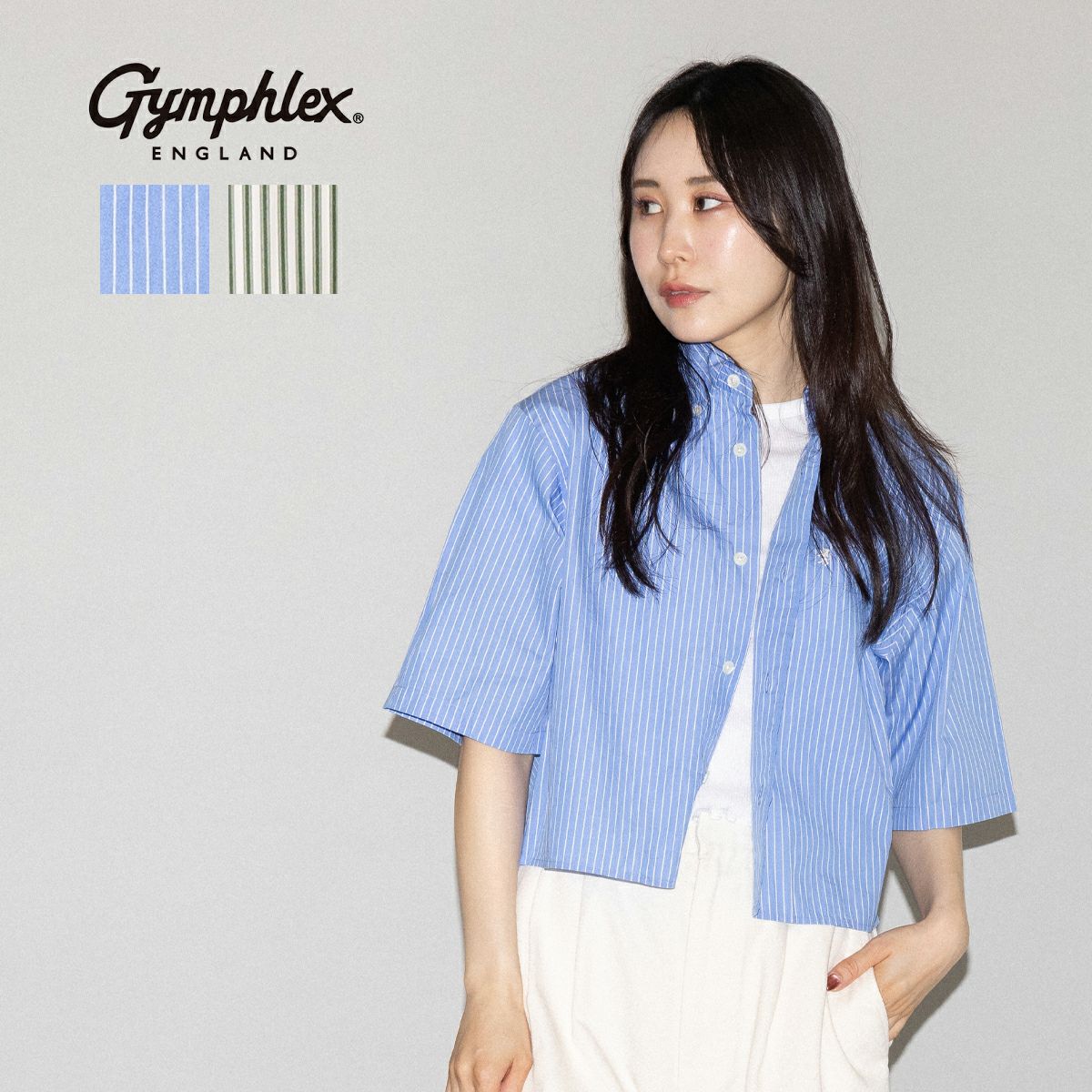 美品 ジムフレックス 半袖 ブルー ストライプシャツ TIME SALE] GYMPHLEX ジムフレックス バンドカラー ストライプ